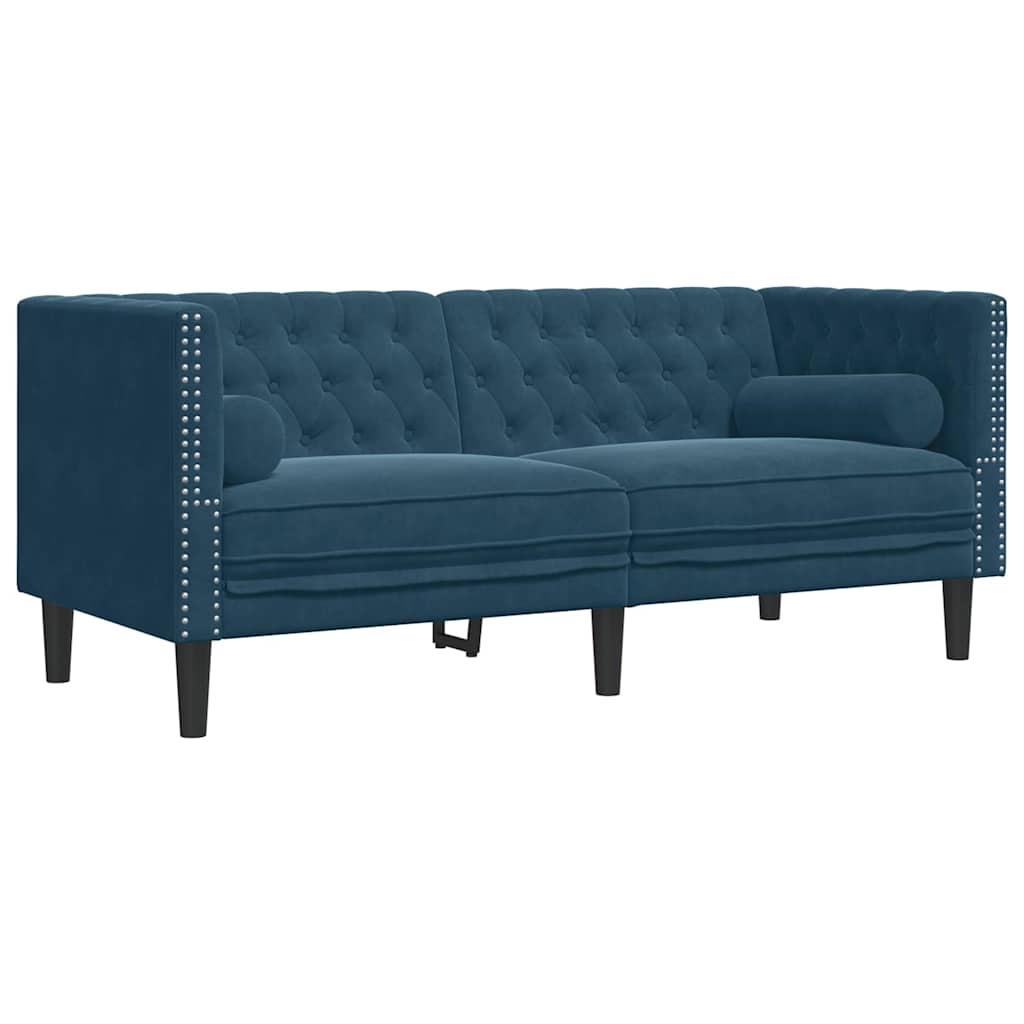 2-tlg. Chesterfield-Sofa-Set mit Nackenrollen Blau Samt