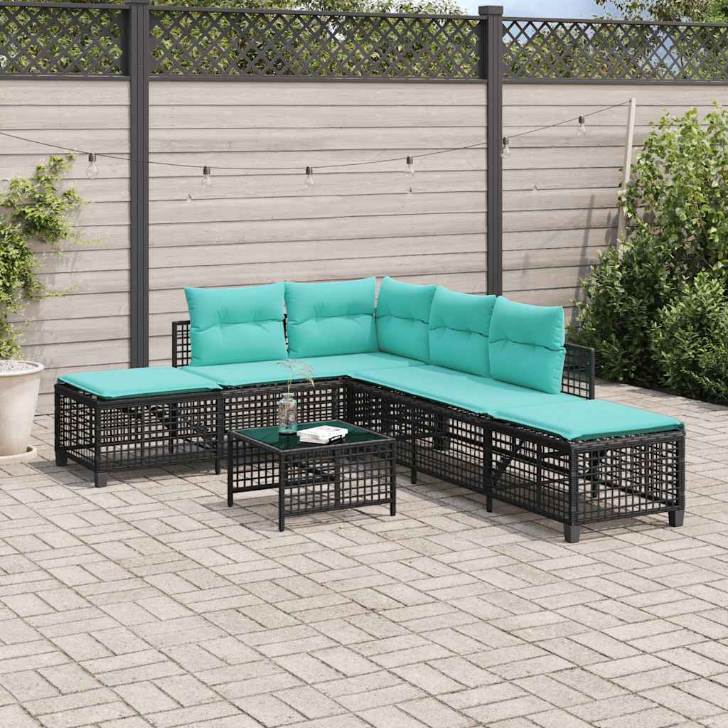 3-teiliges Ecksofa-Set für den Garten mit Kissen, schwarzes Polyrattan