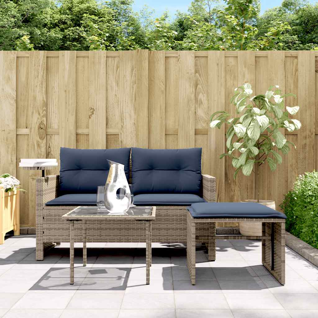 3-teiliges Gartensofa-Set mit Kissen, grau, Polyrattan