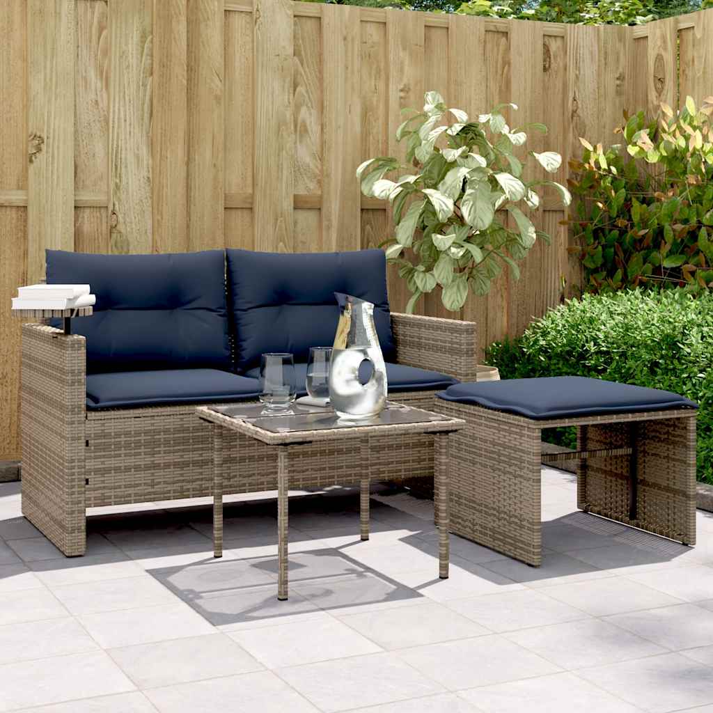 3-teiliges Gartensofa-Set mit Kissen, grau, Polyrattan
