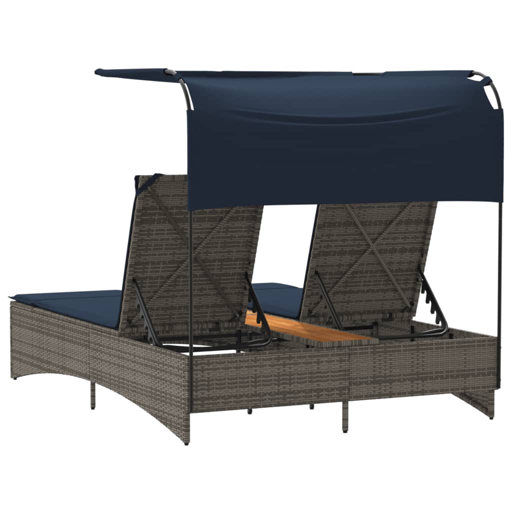 Doppel-Sonnenliege mit Dach und Kissen Grau Poly Rattan