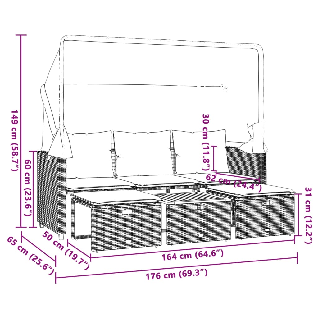 Gartensofa 3-Sitzer mit Baldachin und Hockern Grau Poly Rattan