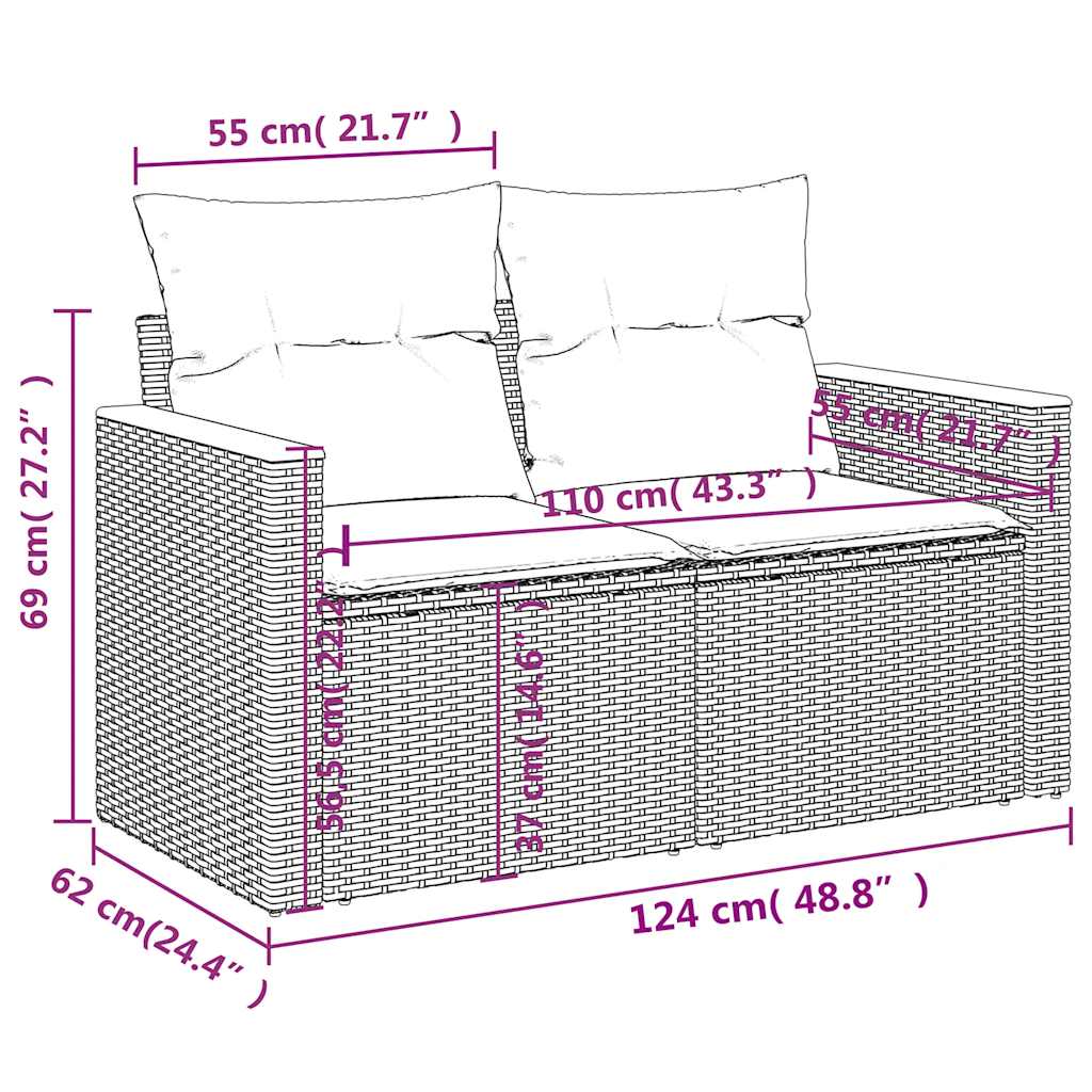 Gartensofa mit Kissen 2-Sitzer Beige Poly Rattan