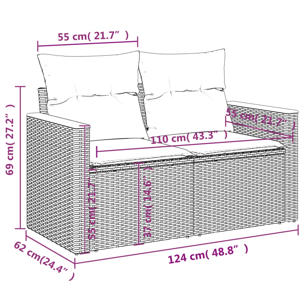 Gartensofa mit Kissen 2-Sitzer Grau Poly Rattan