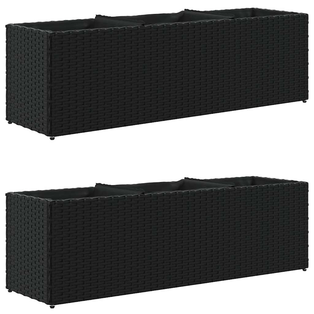 Pflanzkübel mit 3 Töpfen 2 Stk. Schwarz 105x30x32cm Poly Rattan