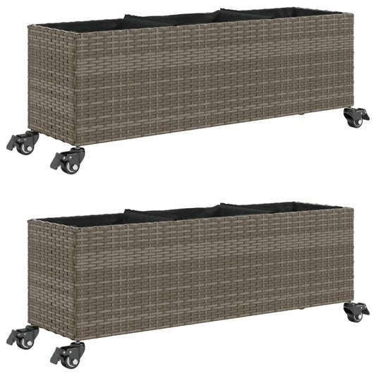 Pflanzkübel mit Rollen 2 Stk. Grau 107x32x38 cm Poly Rattan