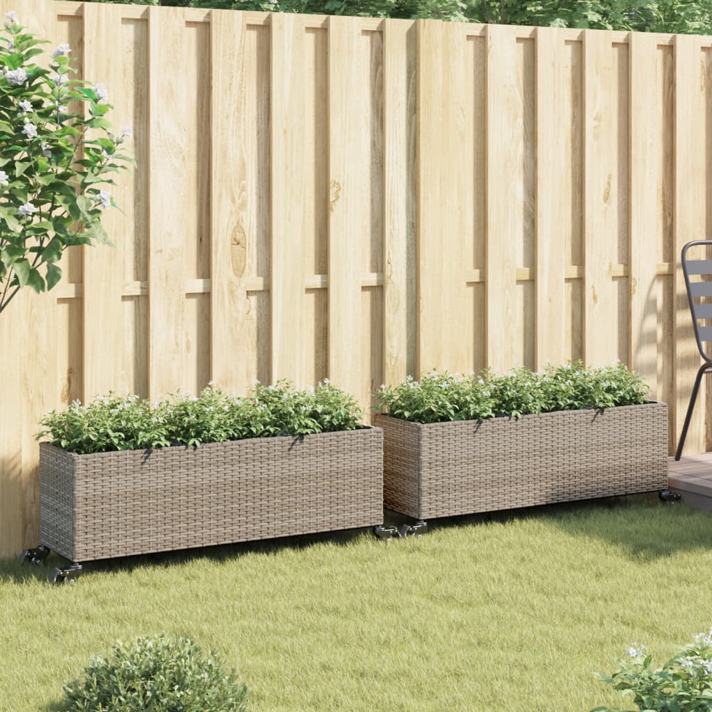 Pflanzkübel mit Rollen 2 Stk. Grau 107x32x38 cm Poly Rattan