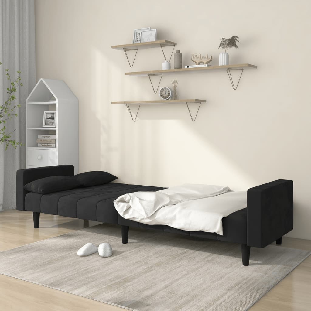 Schlafsofa 2-Sitzer mit 2 Kissen Schwarz Samt