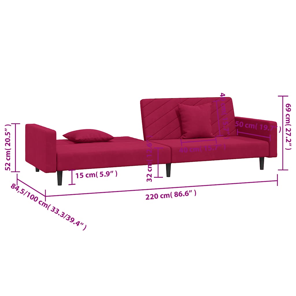 Schlafsofa 2-Sitzer mit 2 Kissen Weinrot Samt