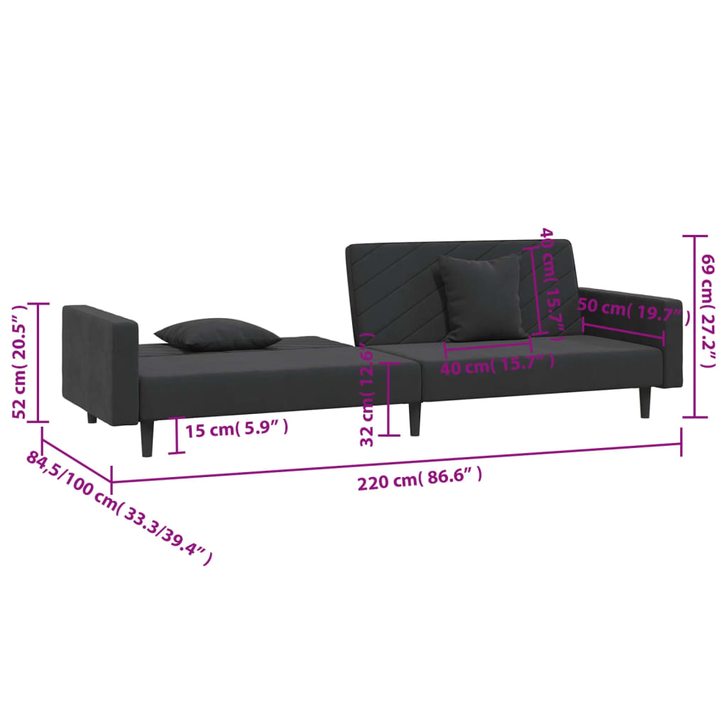 Schlafsofa 2-Sitzer mit 2 Kissen Schwarz Samt