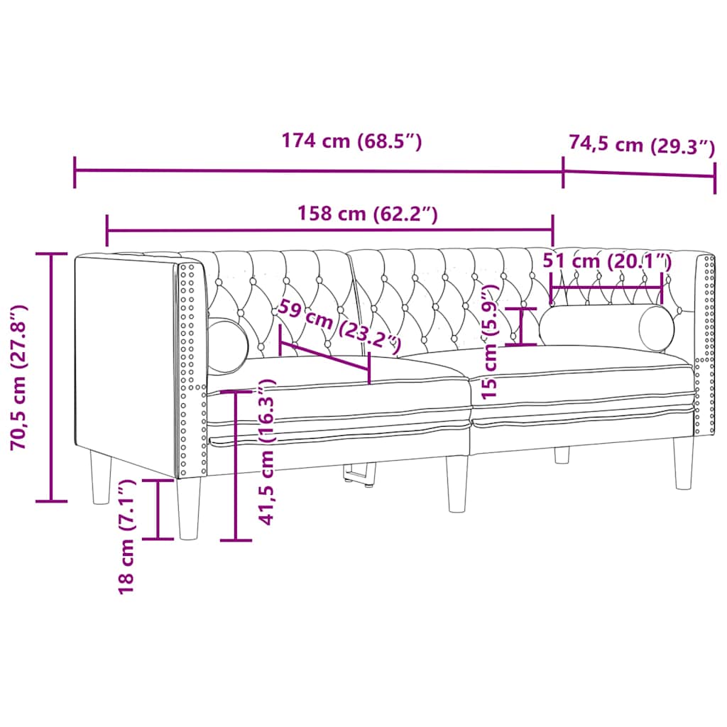 Chesterfield-Sofa mit Nackenrollen 2-Sitzer Weinrot Samt