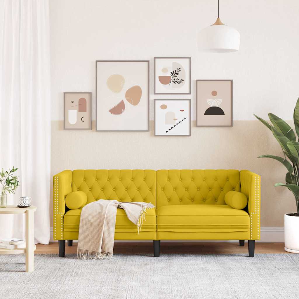 Chesterfield-Sofa mit Nackenrollen 2-Sitzer Gelb Samt