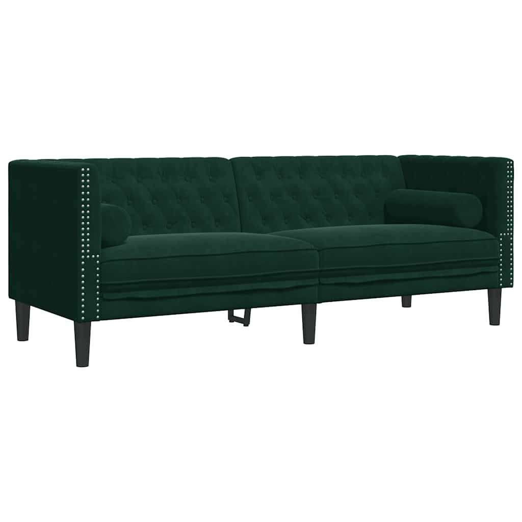 Chesterfield-Sofa mit Nackenrollen 3-Sitzer Dunkelgrün Samt