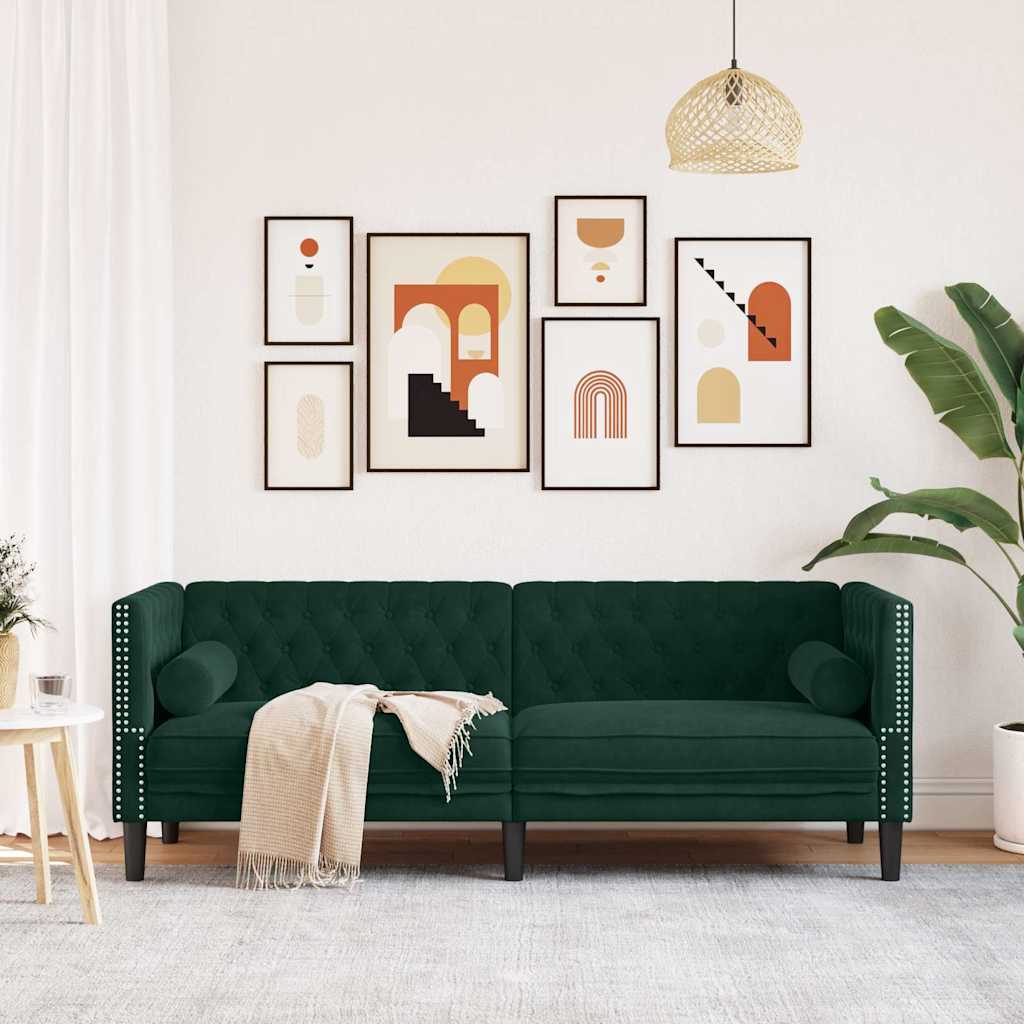 Chesterfield-Sofa mit Nackenrollen 3-Sitzer Dunkelgrün Samt