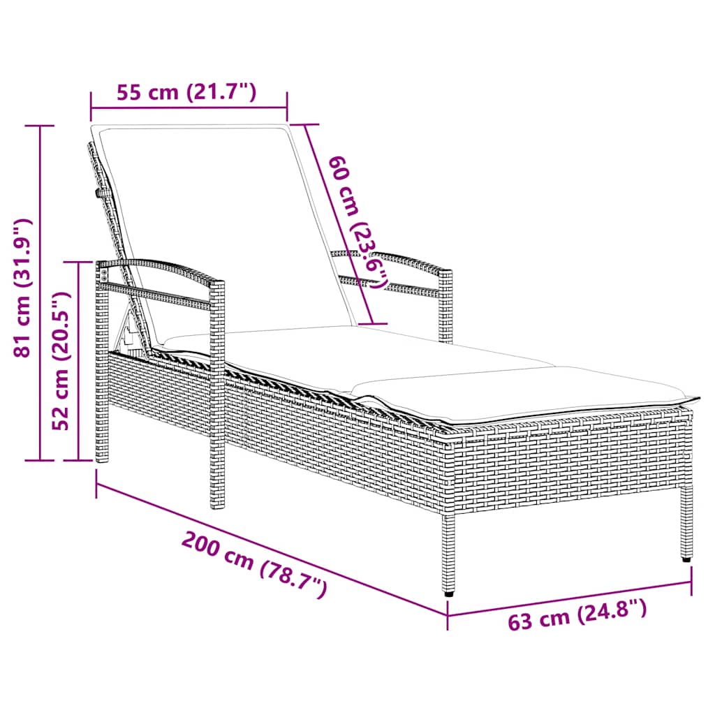 | Sonnenliege | mit Kissen Grau 63 x 200 x 81 cm Poly-Rattan