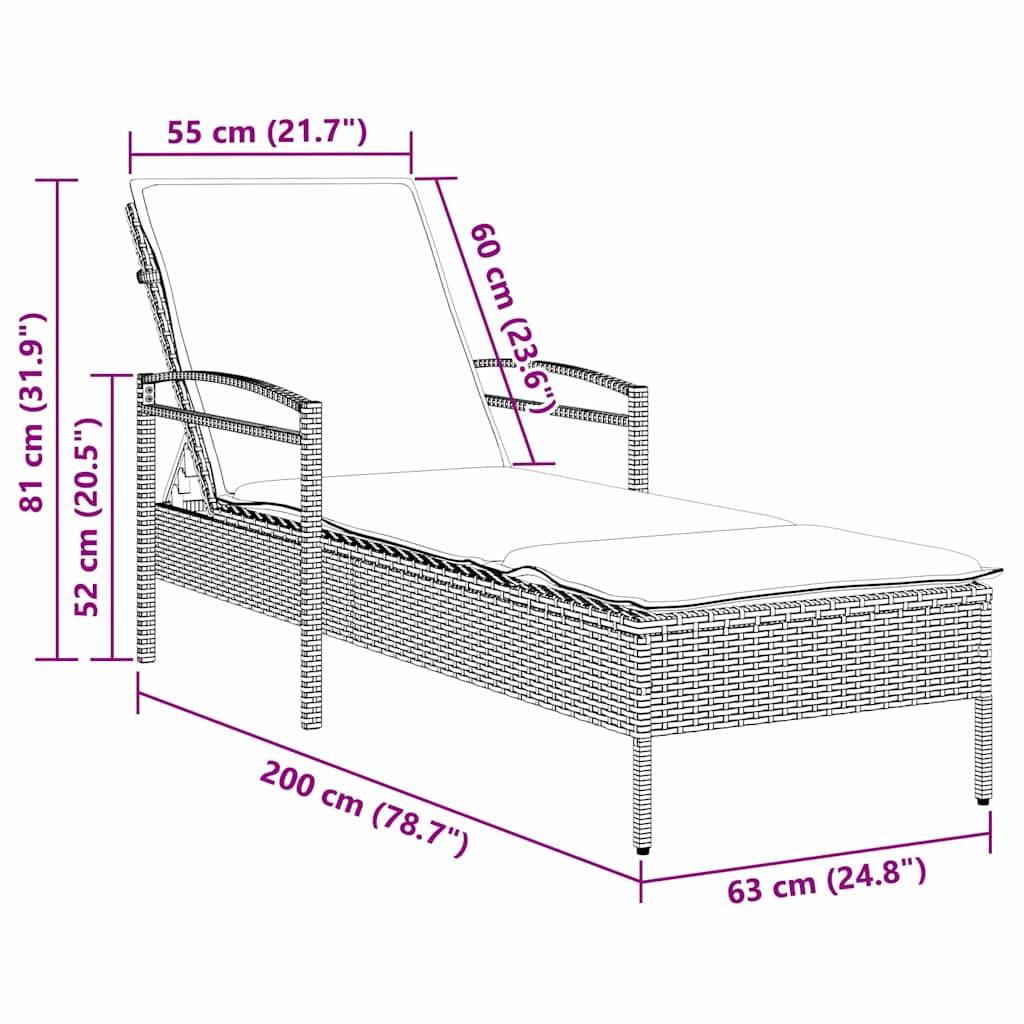 | Sonnenliege | mit Kissen Braun 63 x 200 x 81 cm Poly-Rattan