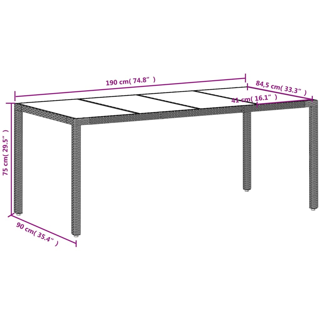 Gartentisch mit Glasplatte Hellgrau 190x90x75 cm Poly Rattan