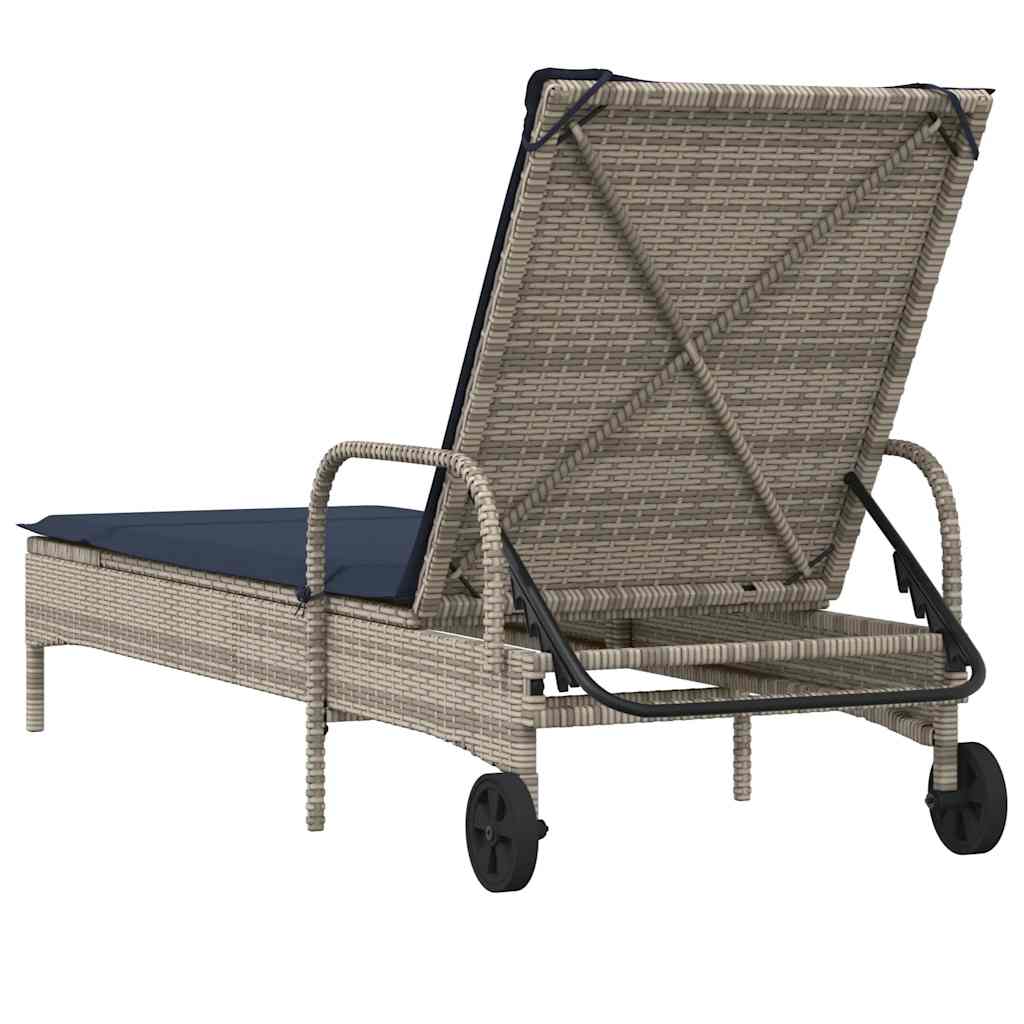 Sonnenliege mit Rollen und Kissen Grau Poly Rattan