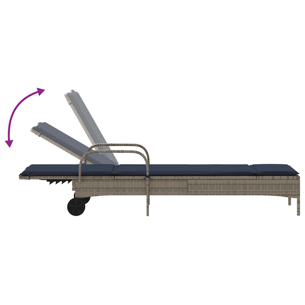 Sonnenliege mit Rollen und Kissen Grau Poly Rattan