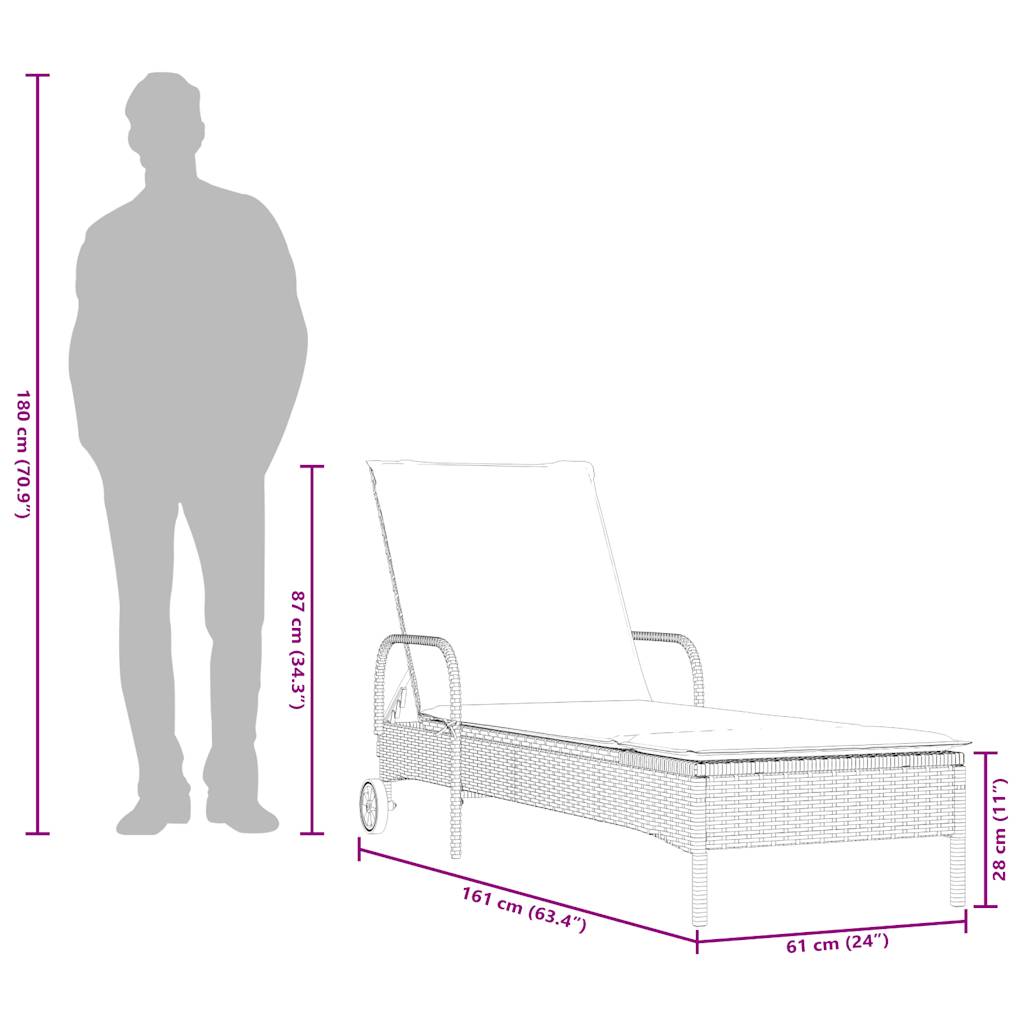 Sonnenliege mit Rollen und Kissen Grau Poly Rattan