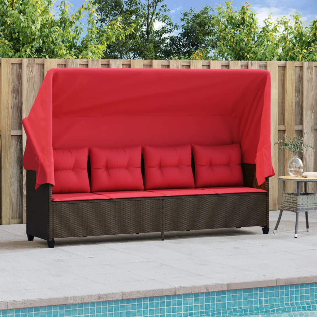 Sonnenliege mit Dach und Kissen Braun Poly Rattan