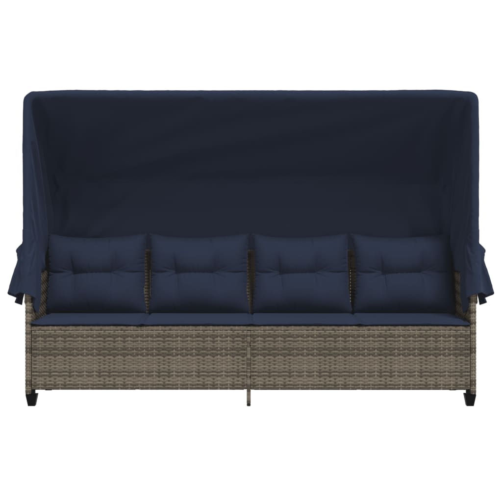 Sonnenliege mit Dach und Kissen Grau Poly Rattan