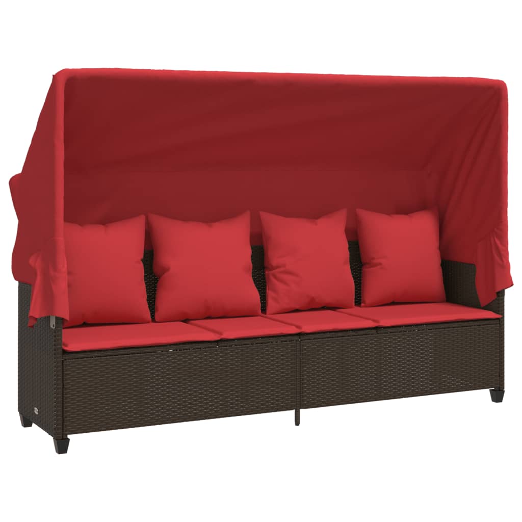 Sonnenliege mit Dach und Kissen Braun Poly Rattan