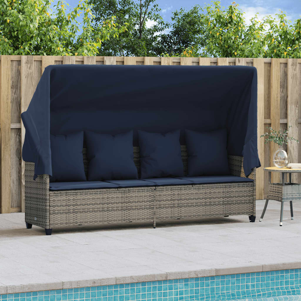 Sonnenliege mit Dach und Kissen Grau Poly Rattan