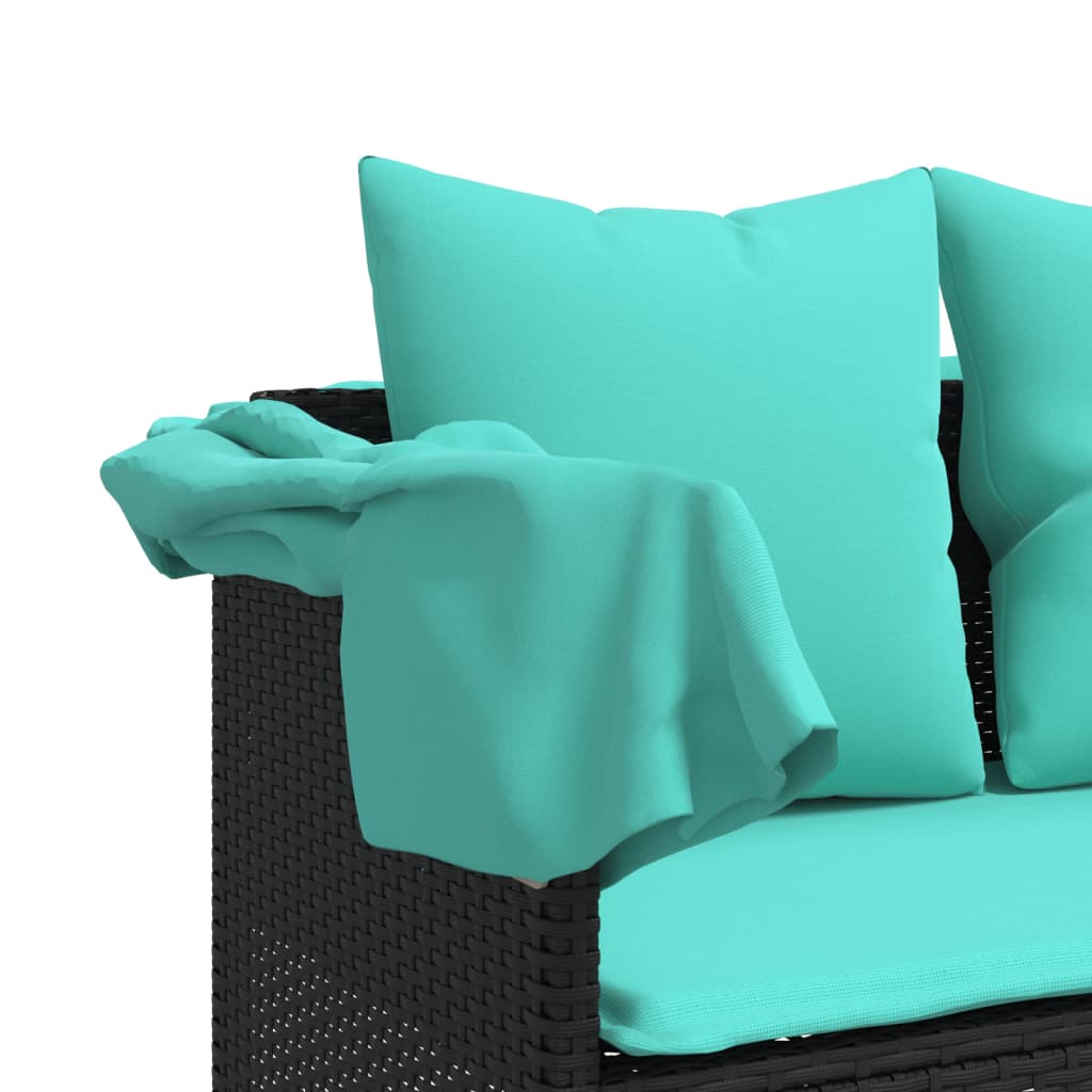 Sonnenliege mit Dach und Kissen Schwarz Poly Rattan