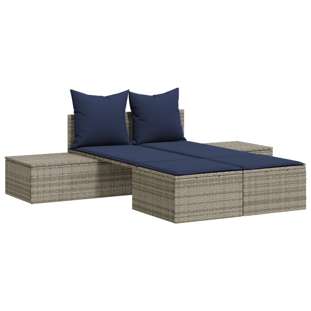 Doppel-Sonnenliege mit Kissen Grau Poly Rattan