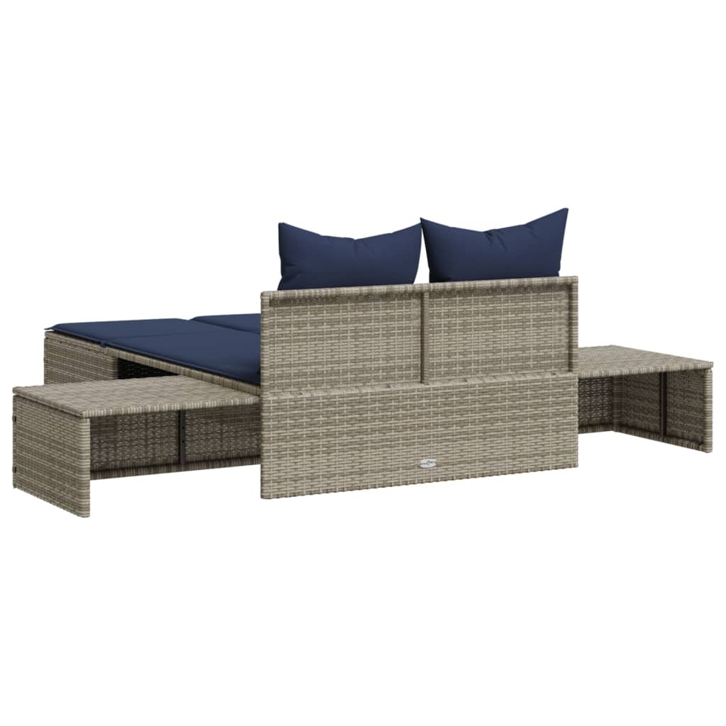 Doppel-Sonnenliege mit Kissen Grau Poly Rattan