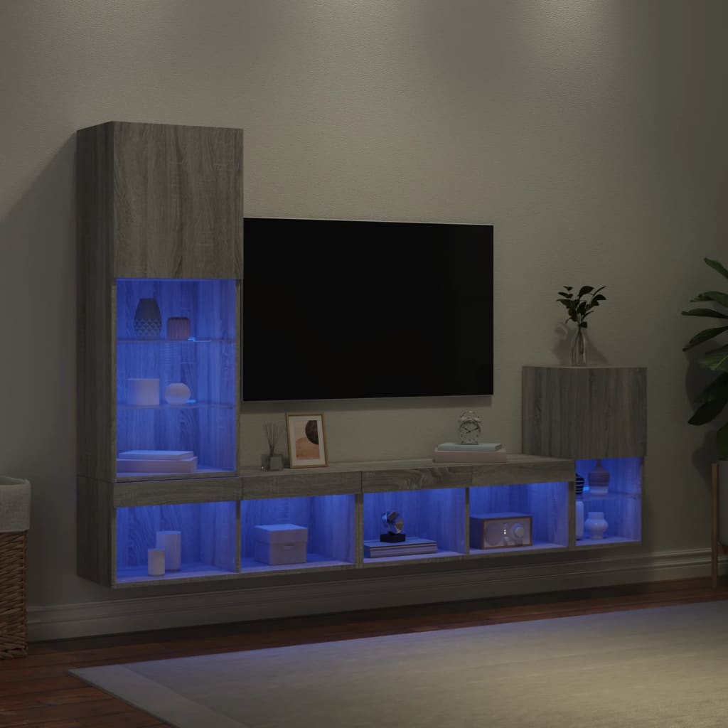 4-tlg. Wohnwand mit LED-Beleuchtung Grau Sonoma Holzwerkstoff