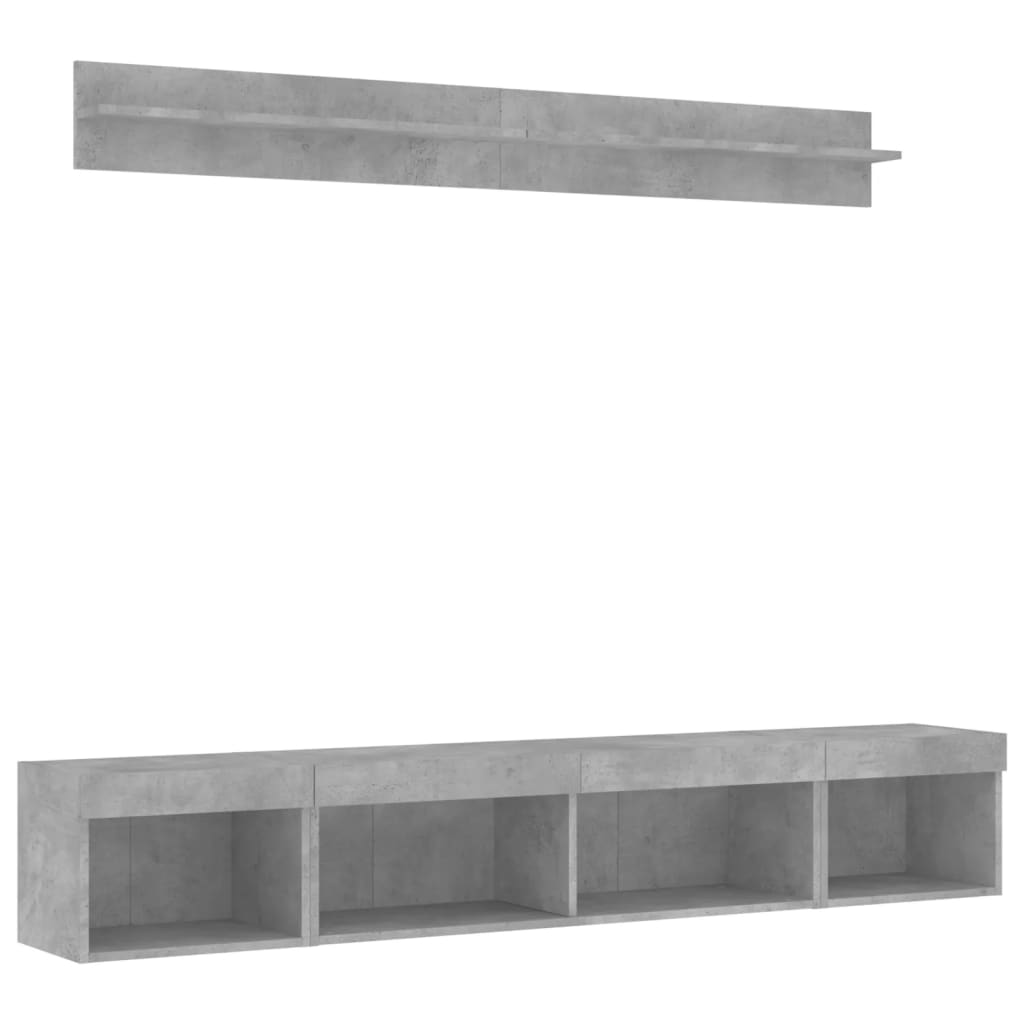5-tlg. Wohnwand mit LED-Beleuchtung Betongrau Holzwerkstoff