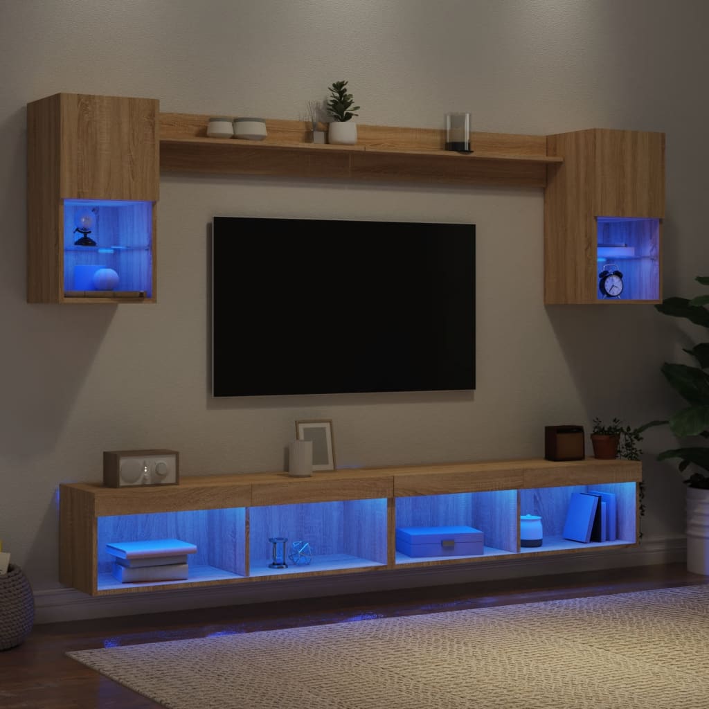 6-tlg. Wohnwand mit LED-Beleuchtung Sonoma-Eiche Holzwerkstoff
