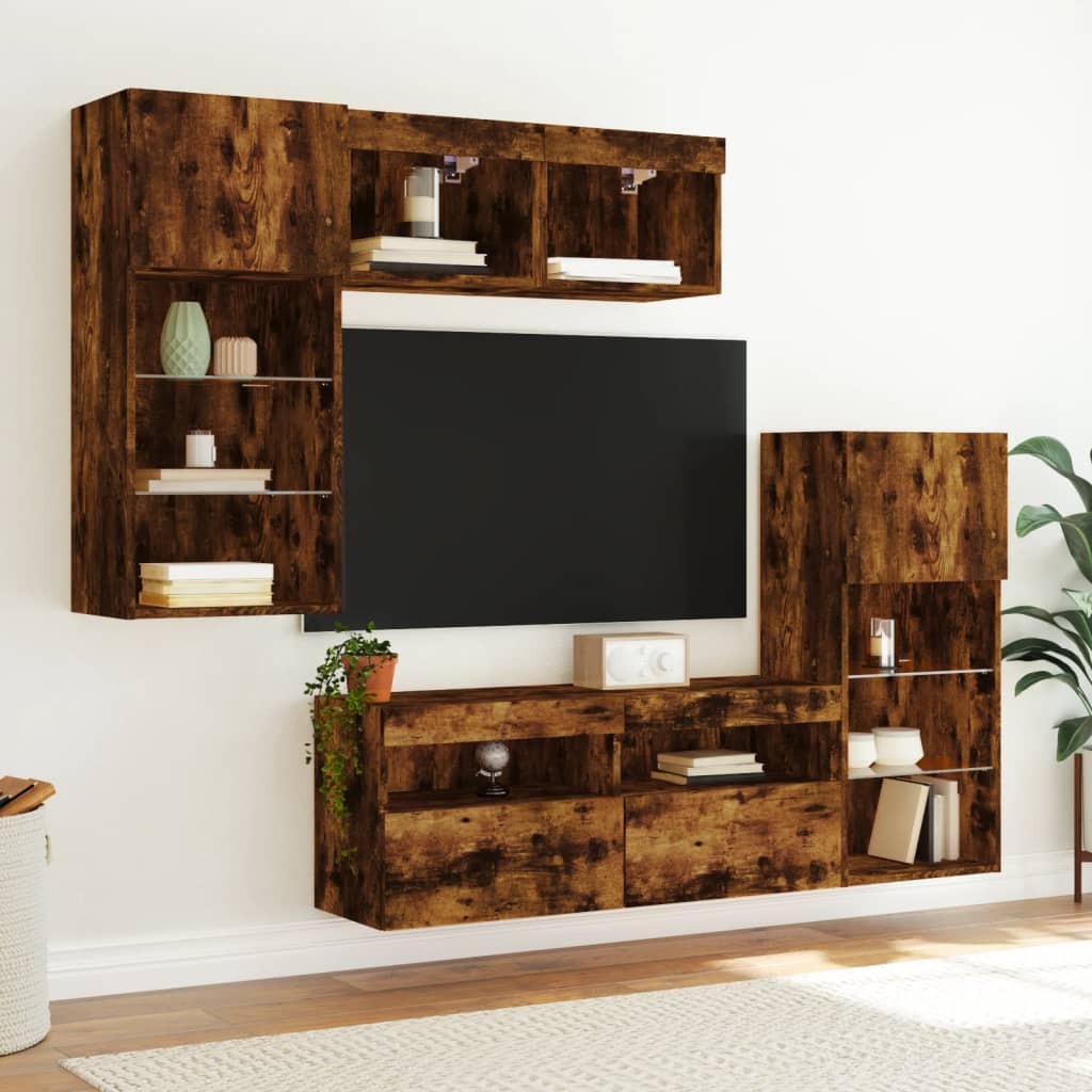 5-tlg. Wohnwand mit LED-Beleuchtung Räuchereiche Holzwerkstoff