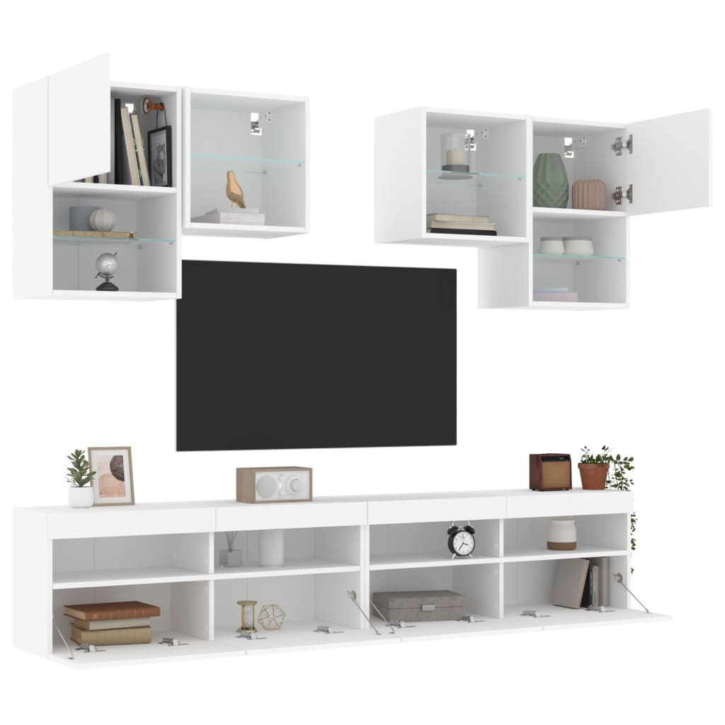 6-tlg. TV-Wohnwand mit LED-Leuchten Weiß