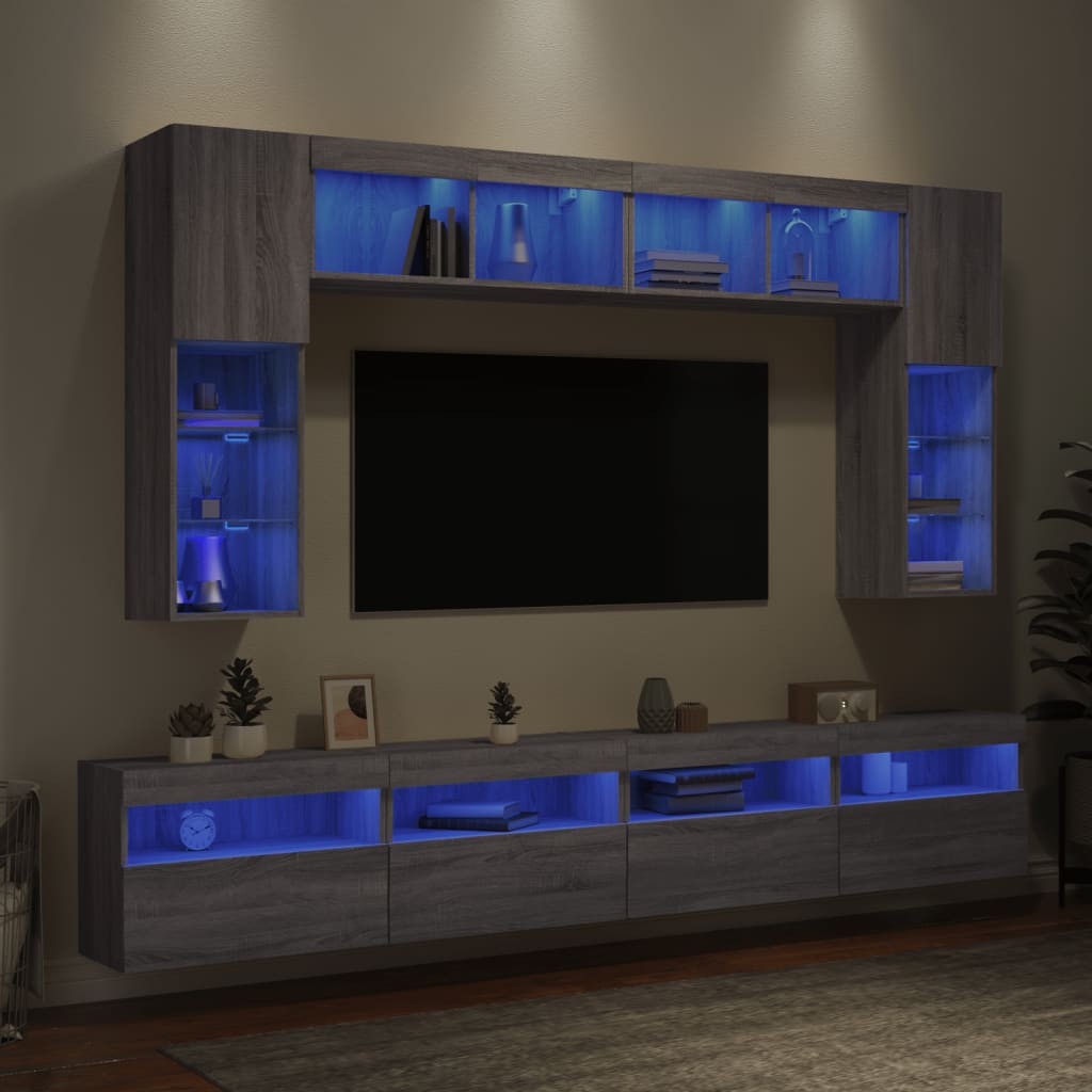 8-tlg. TV-Wohnwand mit LED-Leuchten Grau Sonoma