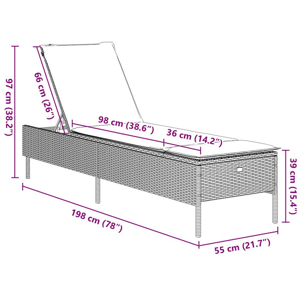 Sonnenliege mit Kissen Grau Poly Rattan