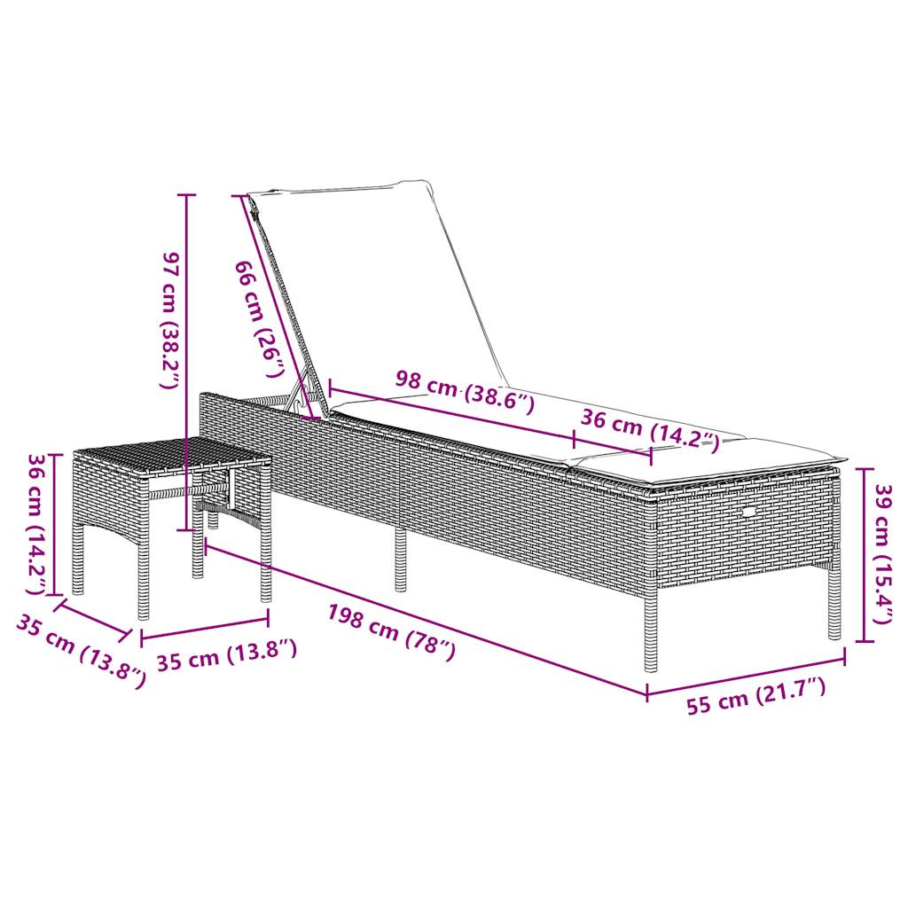 Sonnenliege mit Tisch und Kissen Grau Poly Rattan