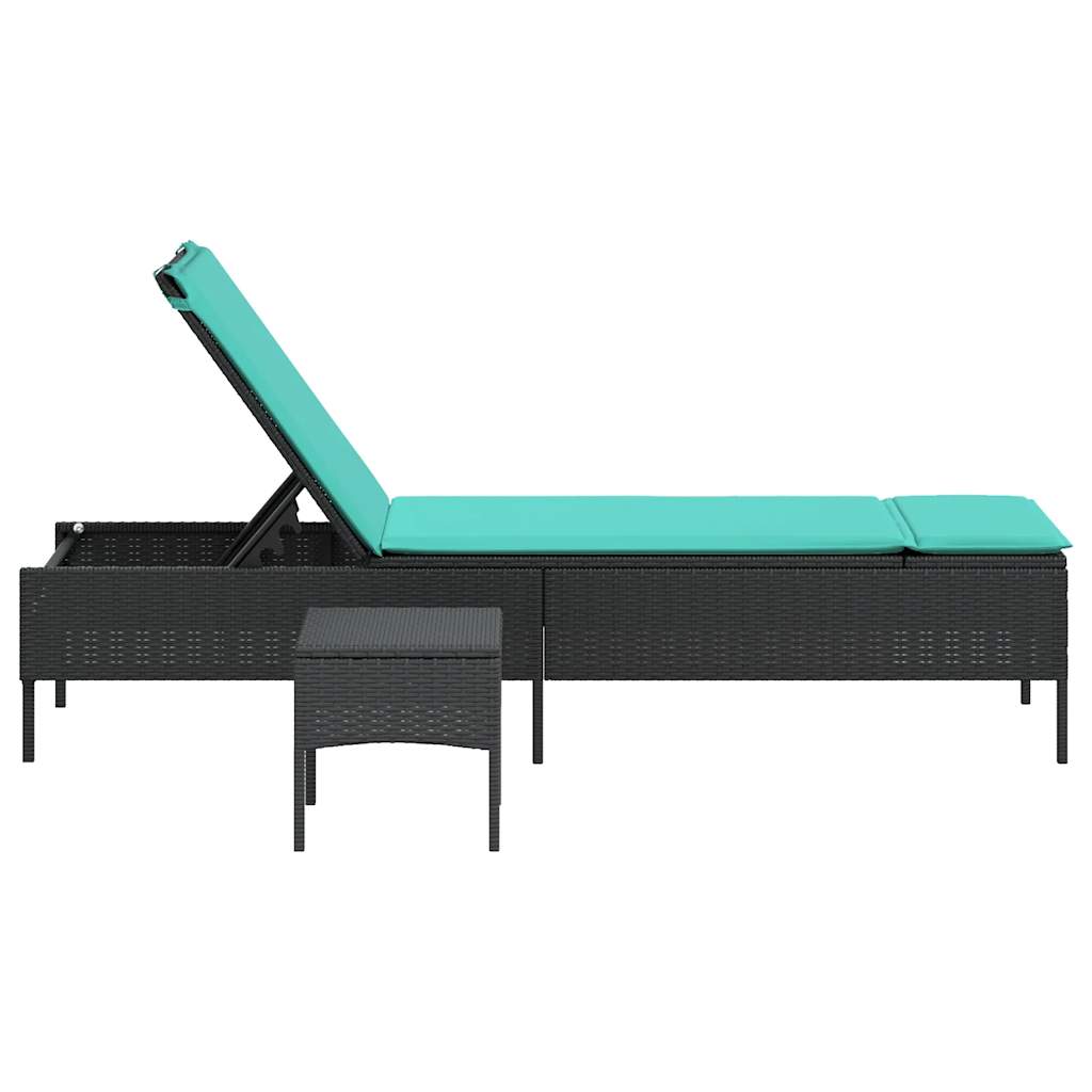 Sonnenliege mit Tisch und Kissen Schwarz Poly Rattan