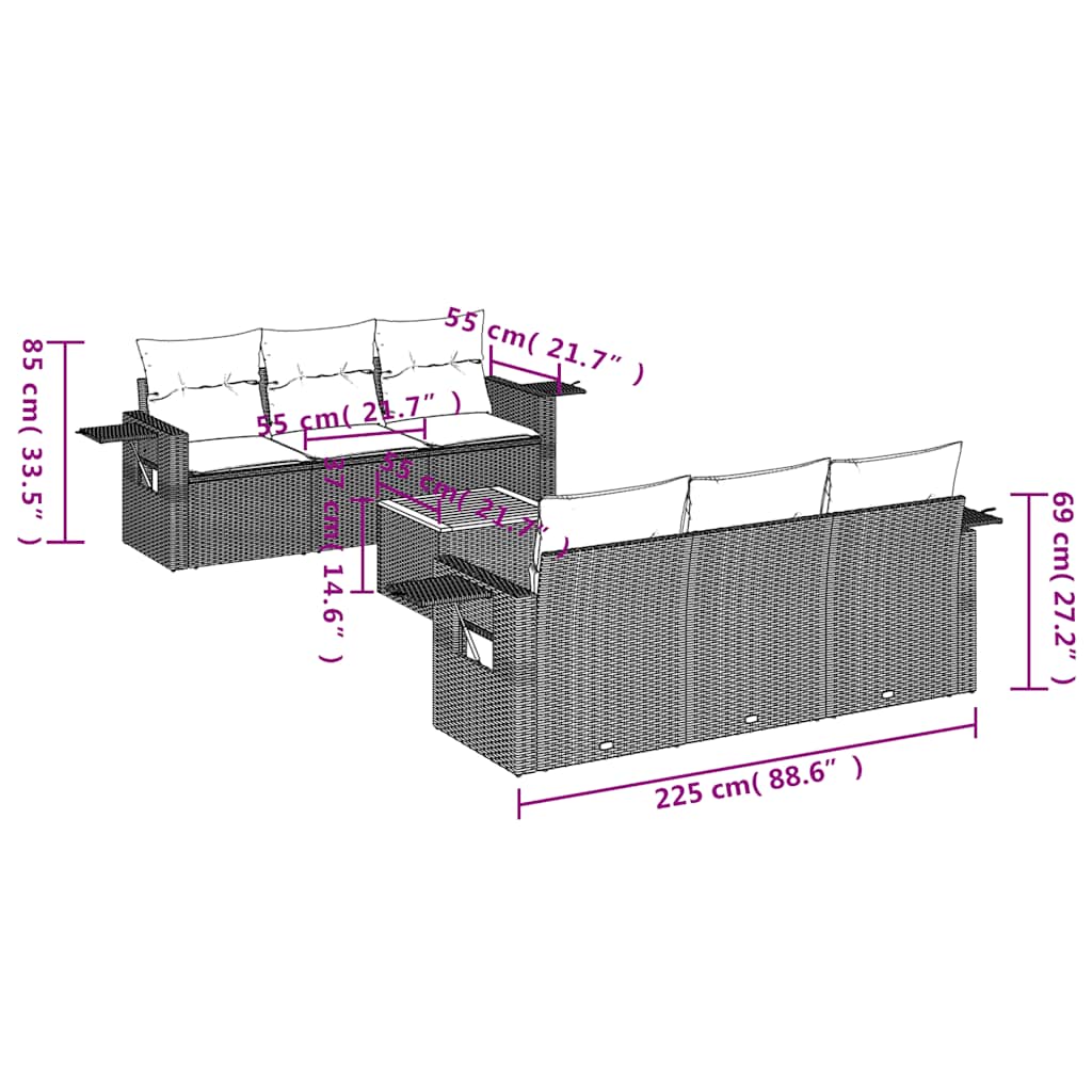 7-teiliges Gartensofa-Set mit Kissen, grau, Polyrattan