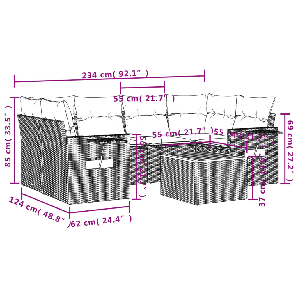 7-tlg. Garten-Sofagarnitur mit Kissen Grau Poly Rattan