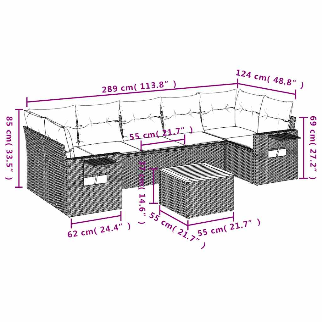 8-teiliges Gartensofa-Set mit Kissen, grau, Polyrattan