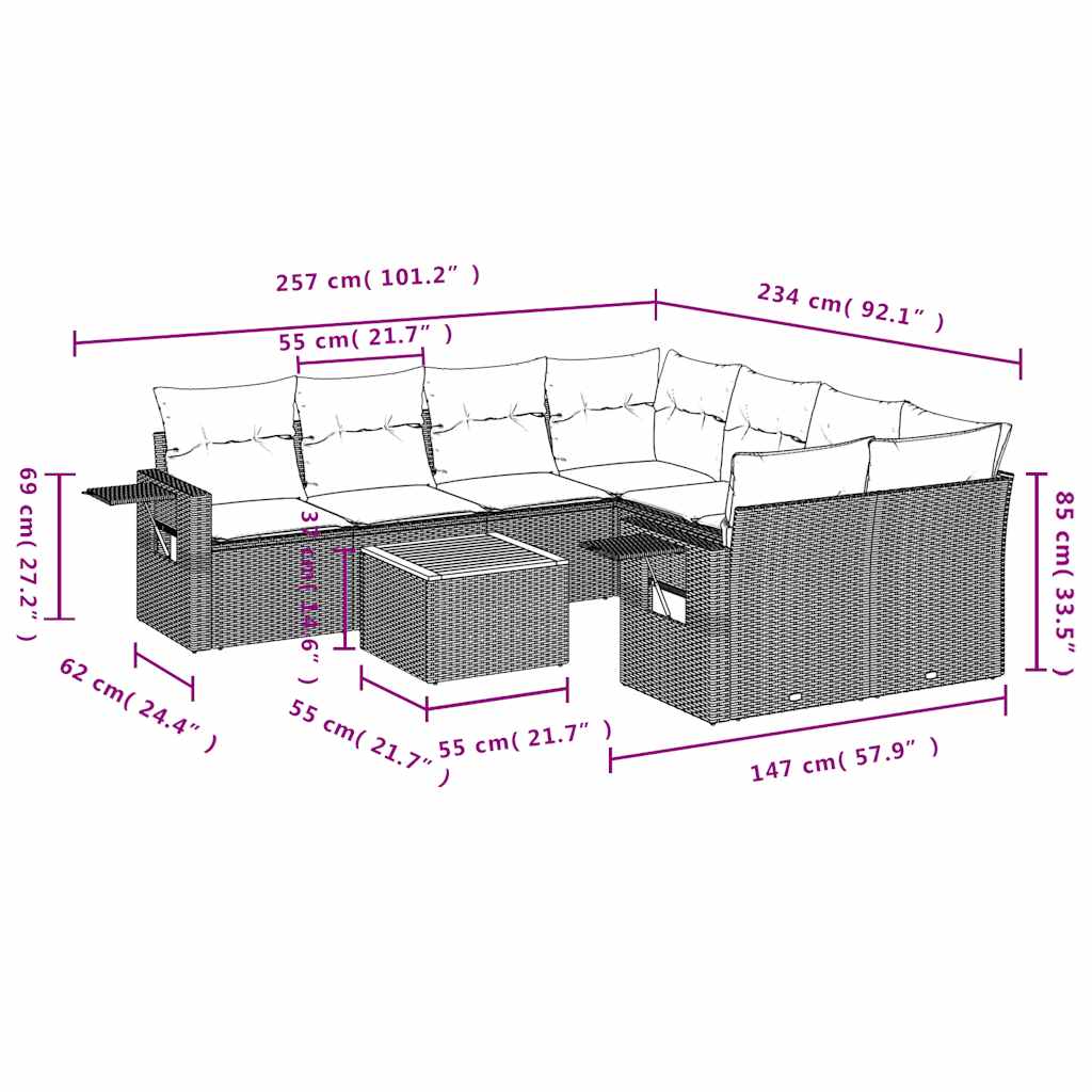 9-teiliges Gartensofa-Set mit Kissen, grau, Polyrattan