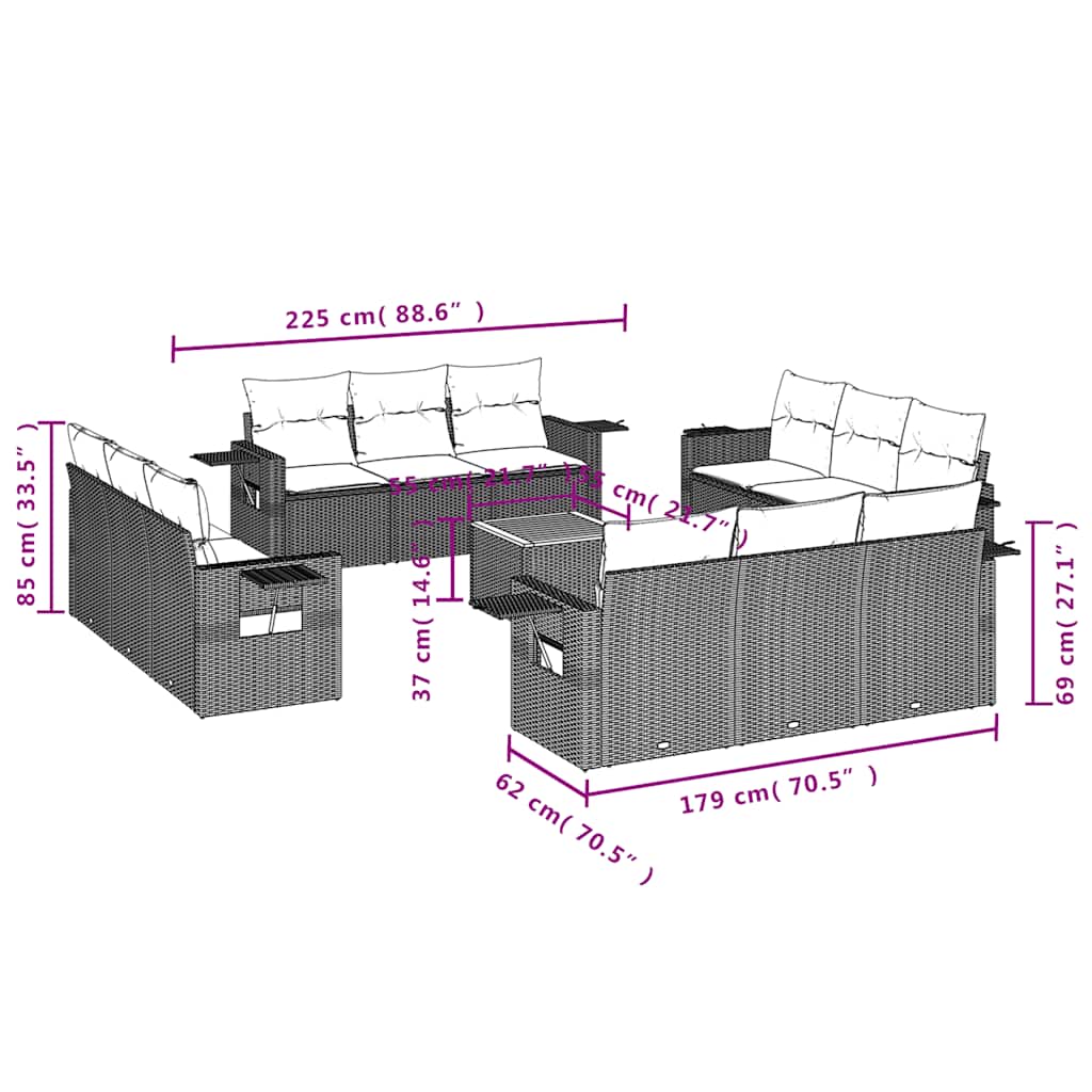 13-teiliges Gartensofa-Set mit Kissen, grau, Polyrattan