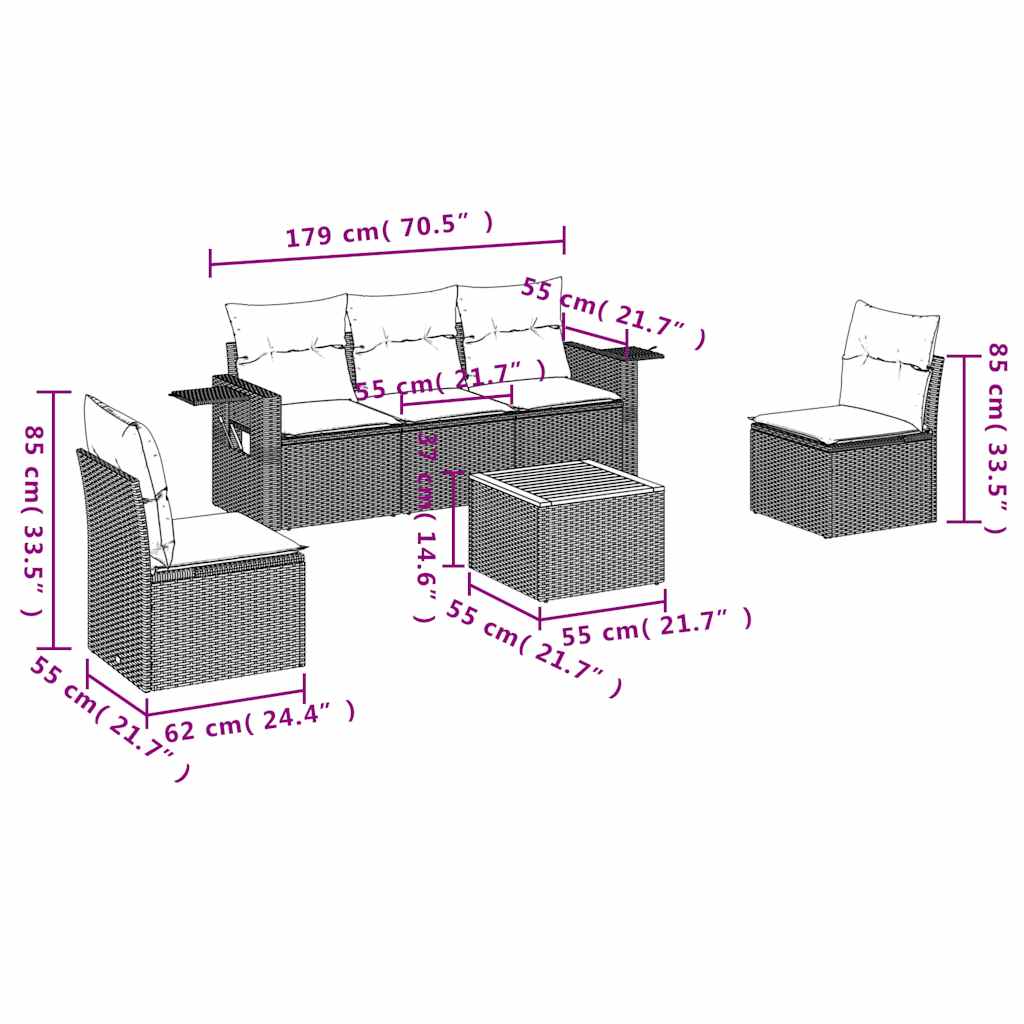 6-teiliges Gartensofa-Set mit Kissen, schwarzes Polyrattan