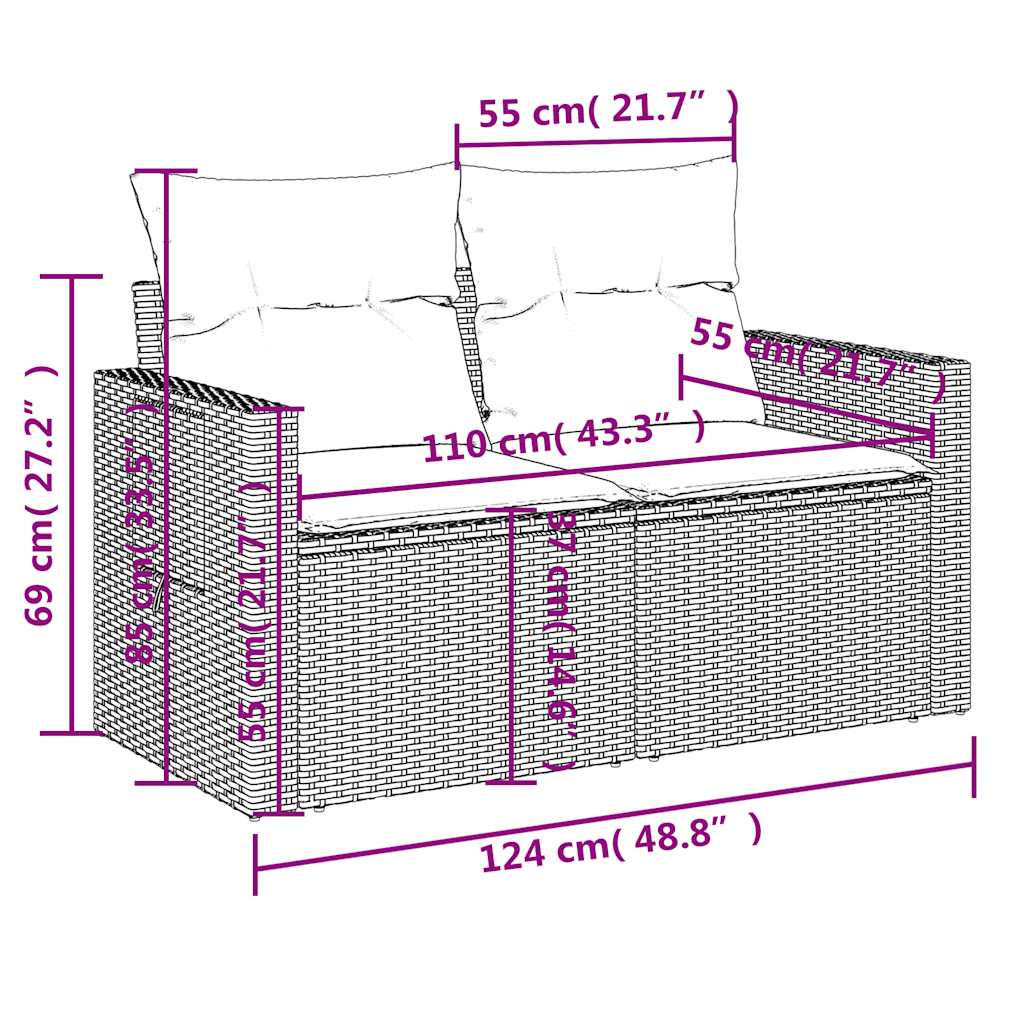 8-teiliges Gartensofa-Set mit Kissen, schwarzes Polyrattan