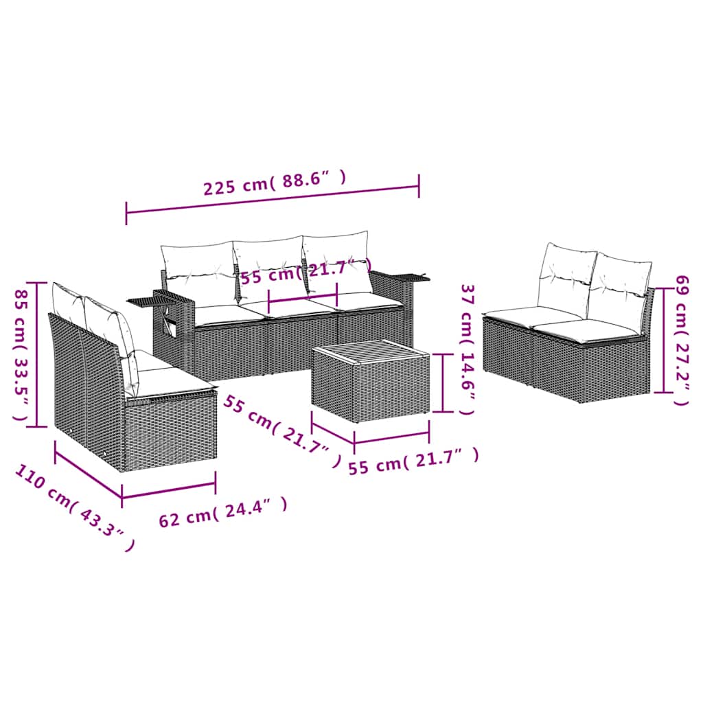 8-teiliges Gartensofa-Set mit Kissen, grau, Polyrattan