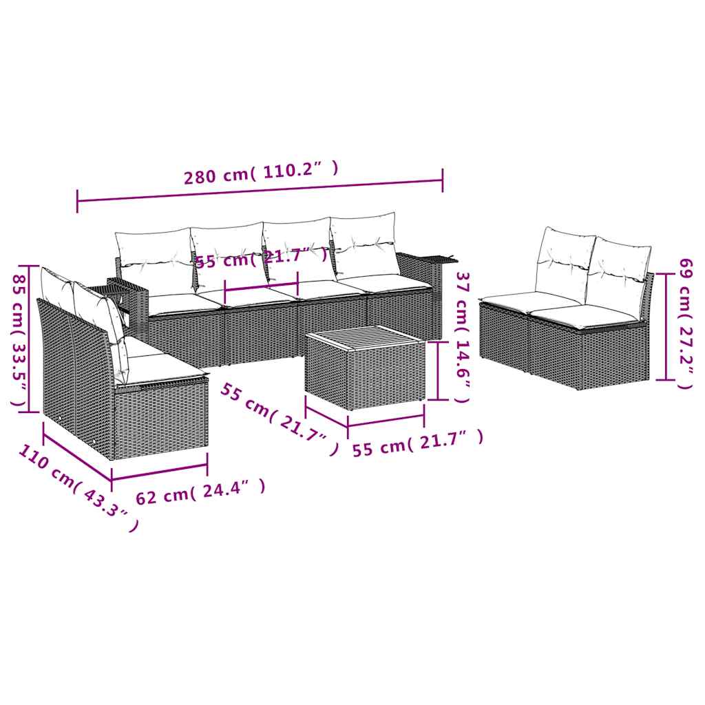 9-teiliges Gartensofa-Set mit Kissen, schwarzes Polyrattan