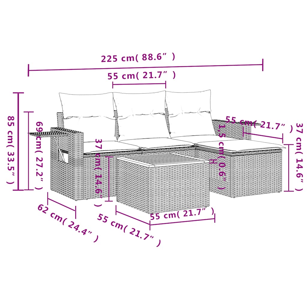 5-teiliges Gartensofa-Set mit Kissen, grau, Polyrattan